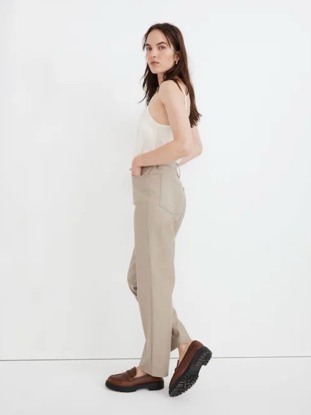 Madewell Tailored High-Rise Straight Leg Pants in Taupe Faux Leather